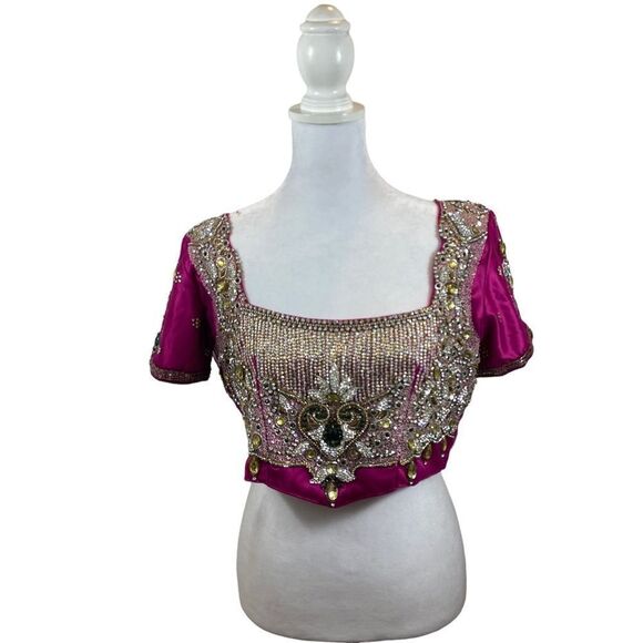 One of a Kind Hot Pink Embroidered and Jeweled Sari Top Size Large - Picture 13 of 16